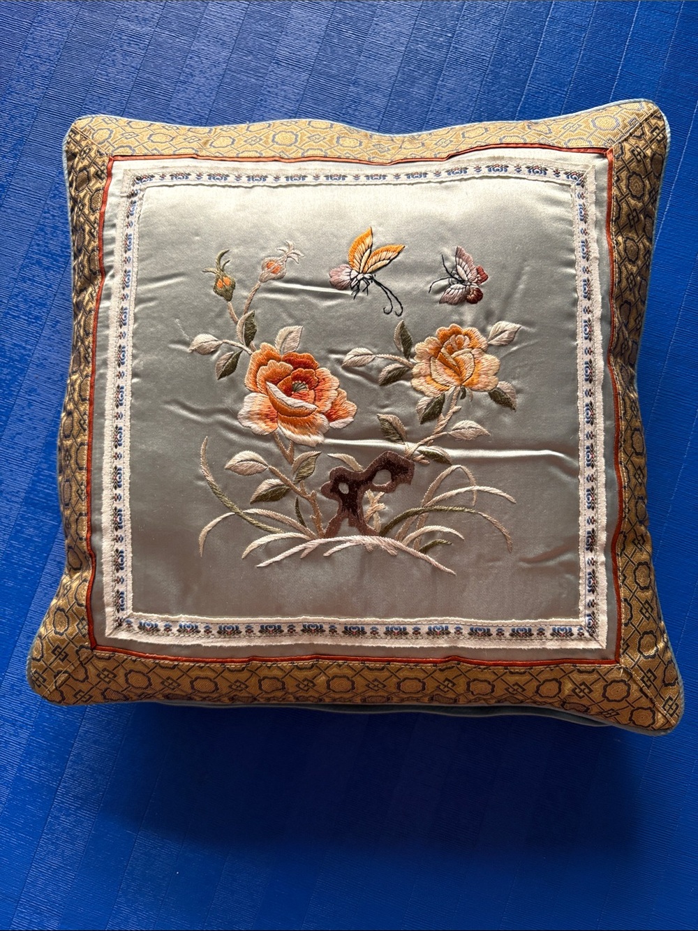 Vintage Chinese Silk Embroidered Floral Accent Pillow 12 x 12